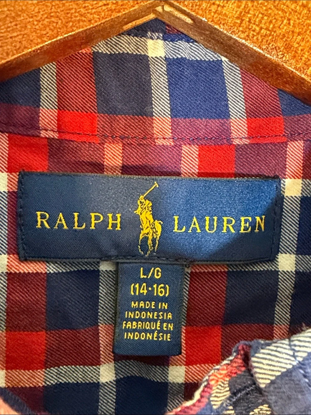 Ralph Lauren Size Large (14-16) Red, White & Blue Plaid Button-Down Shirt